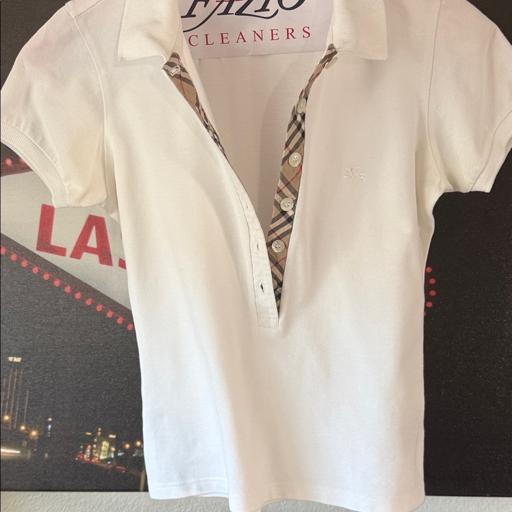 Y2K Burberry White Polo Shirt with Plaid Trim